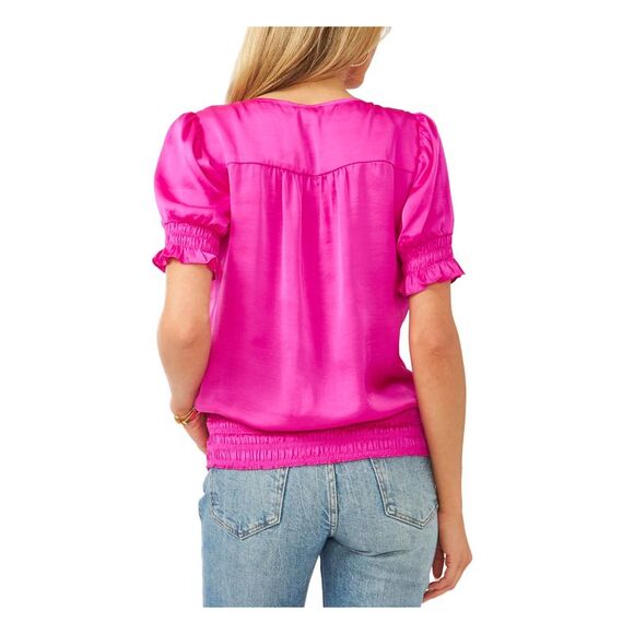 VINCE CAMUTO Womens Pink Smocked Pleated Silk Short Sleeve V Neck Top XXS - Picture 2 of 4